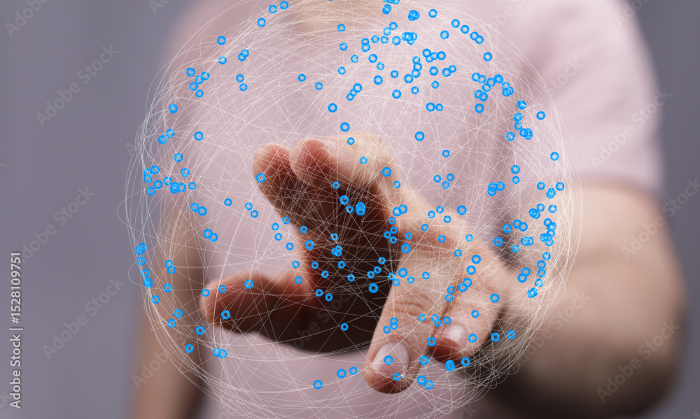 Poster Abstract image of a hand interacting with a digital sphere representing global network connections.