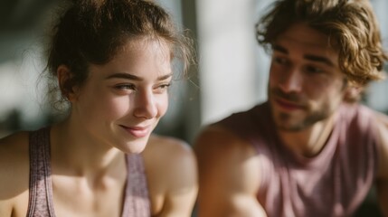 Fototapeta premium Energetic Woman and Man Assisting Each Other in Fitness Adventure for a Healthy Lifestyle