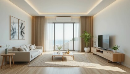 A minimalist living room with a breeze from the air conditioner