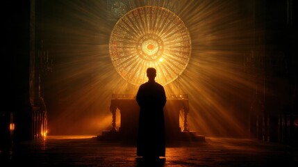 Fototapeta premium Concept photo of a persons silhouette, illuminated by the light of the Eucharist in the monstrance. The image reflects the idea of being basked in the light of Christ.