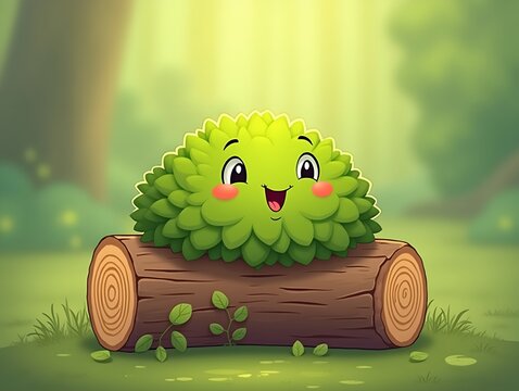 Cute green moss cartoon illustration with happy face on brown log surface smiling nature object