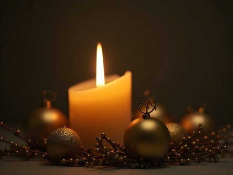Christmas concept with burning candle and golden balls