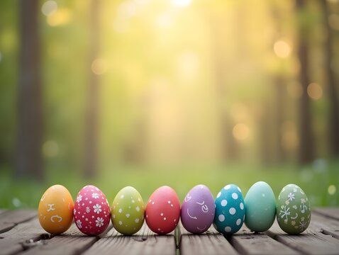 row of colorful easter eggs on wooden table and bokeh background, place for typography and logo. Rustic wooden table. Easter theme. .