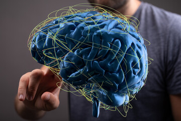 3D rendering of human brain with glowing neural pathways.  Ideal for AI, neuroscience, and cognitive science.