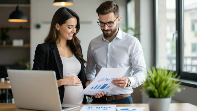 Pregnant woman and business partner reviewing charts in modern office	