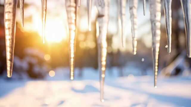Sharp icicles hanging against a bright winter sun and snowy landscape in a forest on a cold winter day season