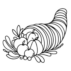 Cornucopia filled with apples and foliage in line art style  