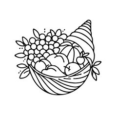 Cornucopia filled with assorted fruits and leaves in outline style  