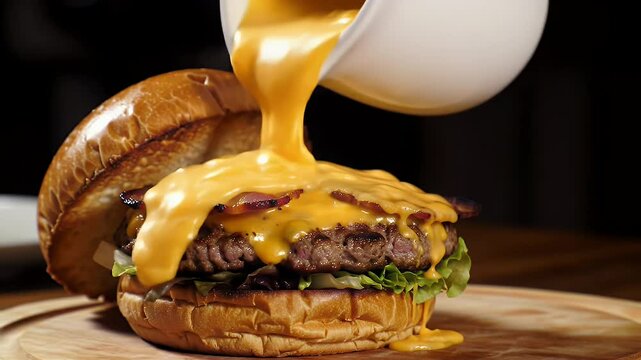 A cinematic video of a juicy gourmet cheeseburger placed on a rustic wooden board.