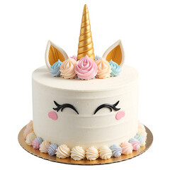 Unicorn birthday cake with pastel frosting and golden horn