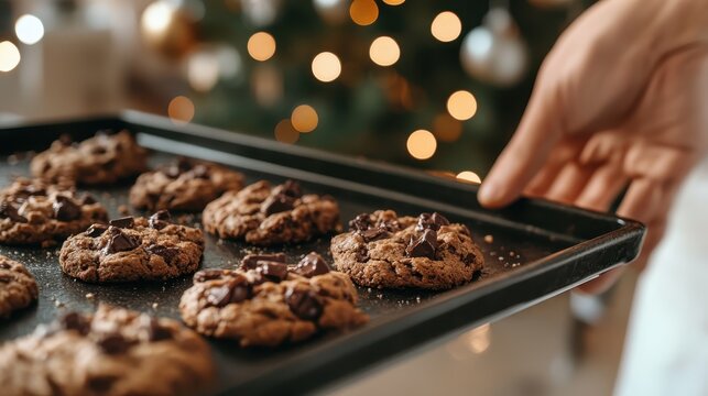 A tempting tray of freshly baked chocolate chip cookies, highlighting the warmth and coziness of home, perfect for evoking feelings of nostalgia and comfort food satisfaction.