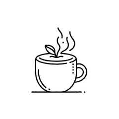 Simple line art of steaming cup with leaf on top  