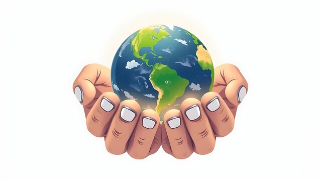 Cartoon Globe in Hands - Conceptual Illustration for Environmental Awareness, Global Issues, and Sustainable Development, symbolizing care and responsibility for the Earth's future.