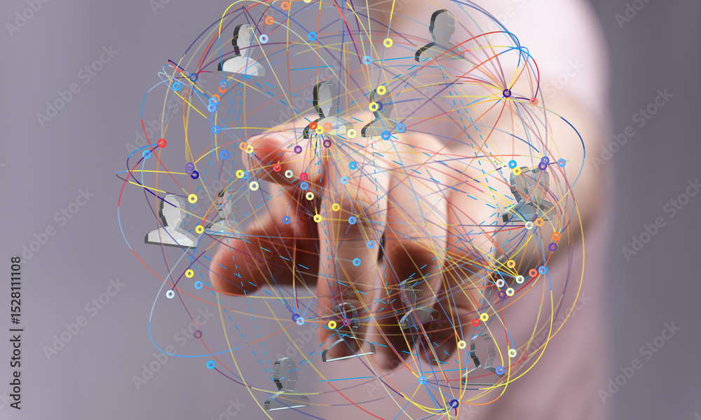 Poster Abstract image of a hand interacting with a digital network, representing global connections and communication.