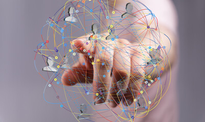 Abstract image of a hand interacting with a digital network, representing global connections and...