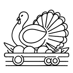 Cartoon turkey on wagon filled with vegetables and fruits  