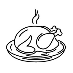 Roast turkey on plate with steam in minimalist line art  