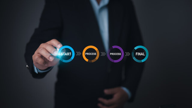 Businessman pointing at a business process flow Start, Process, Final stages. Symbolizes workflow management, project lifecycle, and strategic implementation. Organizational efficiency now. - Powered by Adobe