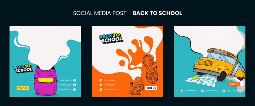 Back to school. social media post template with cartoon design and flat smoke in colorful background