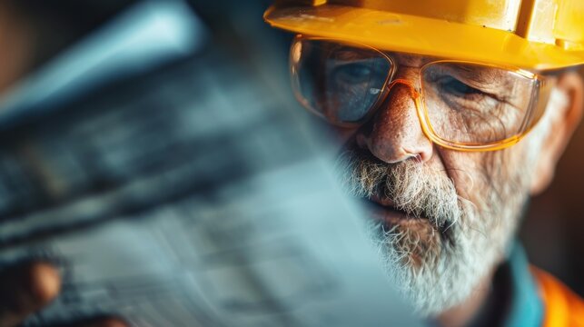 A senior construction worker in bright gear examines detailed plans, showcasing diligence and experience in a bustling work environment filled with tools and equipment.