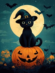 A black cat in a witch hat sits on a jack-o'-lantern under the full moon.