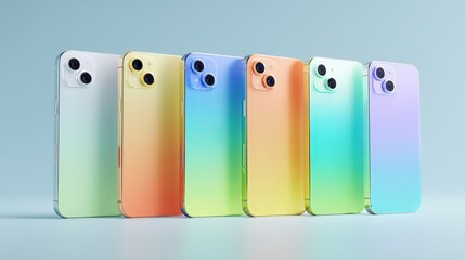 Five vibrant gradient smartphones arranged in a row showcasing pastel colors technology design