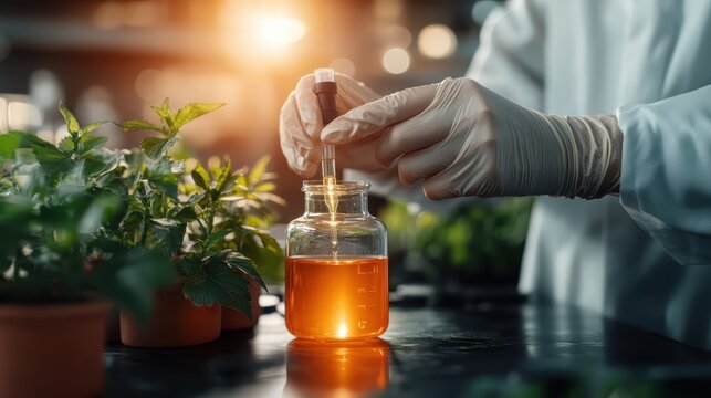 A scientist in a lab carefully extracts liquid from a glass container, surrounded by lush green plants that symbolize the fusion of nature and scientific exploration.