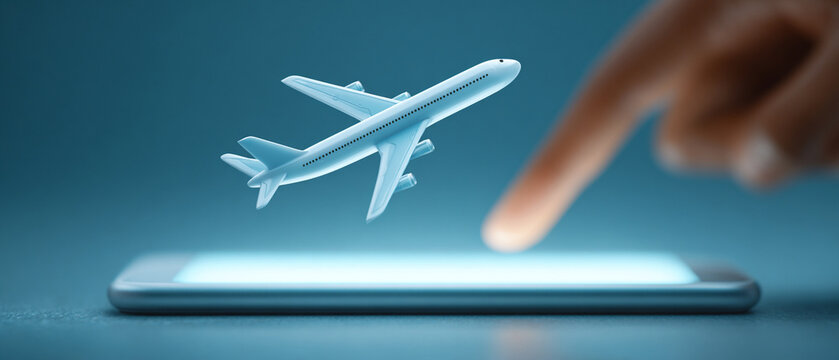 Digital airplane hovers above smartphone screen, symbolizing online travel booking
