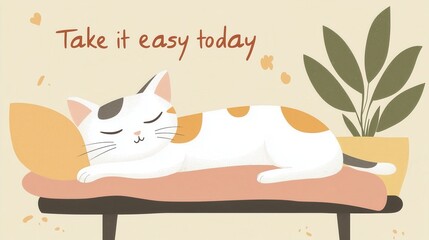 A sleepy cat naps peacefully on a cushion with a calming message.