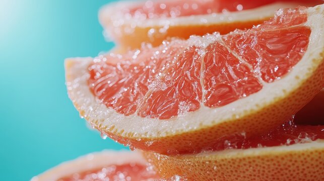 Close-up of vibrant pink grapefruit slices, showcasing the juicy texture and fresh appearance with water droplets, highlighting the essence of health and vitality.