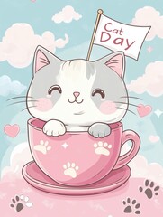 A chubby cartoon cat sits in a pink teacup with a flag that says Cat Day.