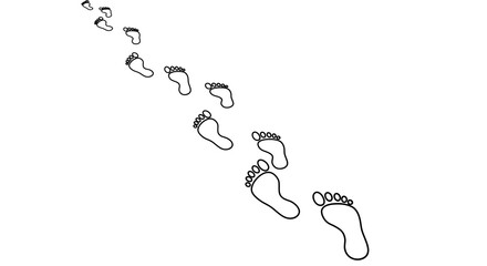 Simple black outline of human footprints walking in a straight line on a white background.