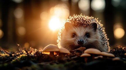 A charming hedgehog is captured amidst mushrooms and sunlight filtering through trees, evoking a sense of wonder and tranquility in a natural forest setting.