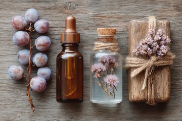 Flat Lay Composition of Organic Skincare Products on Wooden Surface with Grapes and Flowers