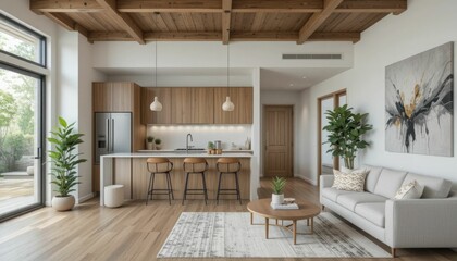 Perfect for a modern home's interior, this kitchen and living room arrangement has wooden accents, wall art, and plants.