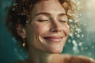 Dynamic Woman Enjoying Skincare Routine Underwater with Joyful Expression and Radiant Skin