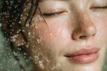 Dynamic Woman Enjoying Refreshing Skincare Routine with Water Drops and Radiant Glow