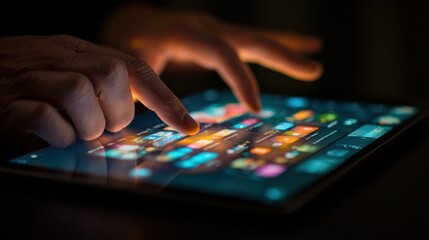 Naklejka premium Close up of Hands Using a Tablet's Touchscreen Interface at Night