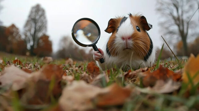 Guinea pig investigator examines autumn leaves with magnifying glass