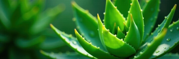 Succulent aloe vera leaf, glistening dew drops, juicy, leafy, natural