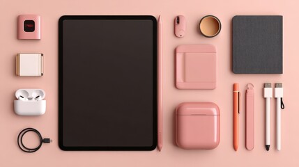 Stylish Pink Tech Gadgets and Accessories Flat Lay Tablet Earbuds Pens and More