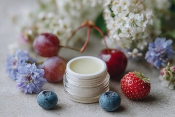 Close-Up of Natural Lip Balm Surrounded by Fresh Fruits and Colorful Blooms in a Soft Setting