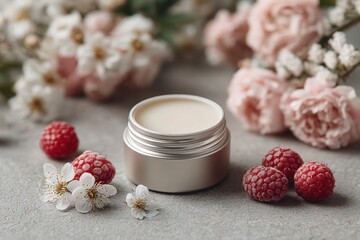 Close-Up of Natural Lip Balm Surrounded by Fresh Flowers and Raspberries on a Gray Background