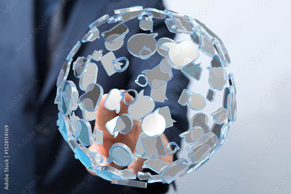 Fototapete Abstract image of a businessman interacting with a sphere of digital speech bubbles, representing global communication and networking.