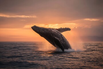 Fototapeta premium Majestic Whale Breaching Above Ocean Surface at Sunset in Serene Seascape