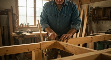 Carpenter shaping wood with hand tool