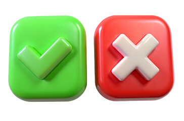 Obraz premium 3D Green Check Mark and Red Cross Icon Set – Approval and Error Symbols for UI, Web, and App Design