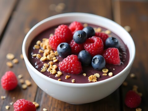 Bowl of sugar-free chia pudding topped with mixed berries and granola on a wooden table, photorealistic