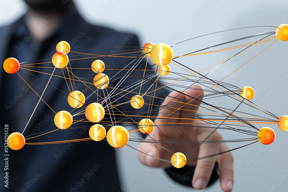 Fototapete Abstract image of a businessman interacting with a complex network, representing global connectivity and data flow.