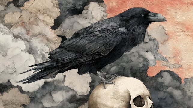 Close-up of a wild black raven standing on a rock